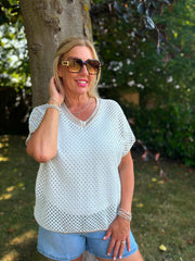 White Gold Trim Open Knit Top Karen