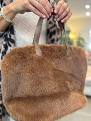 Chocolate Fluffy & Faux Leather Tote Bag