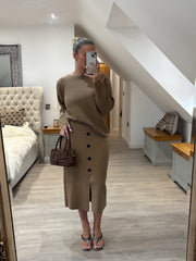 Tan Button Detail Two Piece Skirt Set Jenny