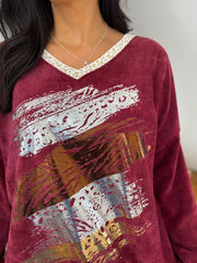 Wine Chenille Leopard V Neck Sweatshirt Elle