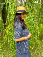 Navy Bubble Cotton Paisley Short Sleeve Shirt Jackie