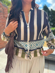 Navy Tribal Stripe Bomber Jacket
