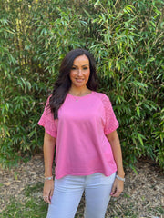 Candy Pink Net Sleeve Applique Tee Gemma