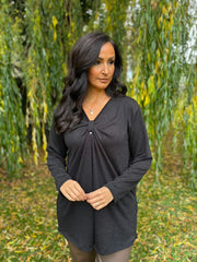 Black Gathered V Neck Top Elsie