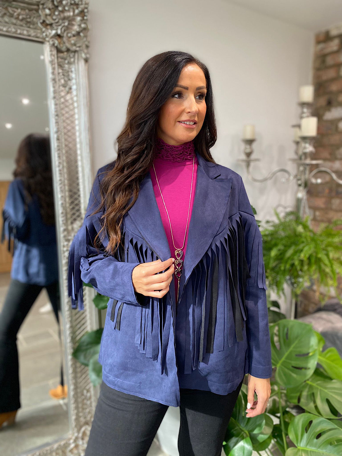 Purple fringe jacket sale