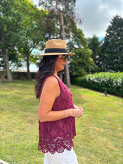 Wine Floral Lace Hem Vest Dina