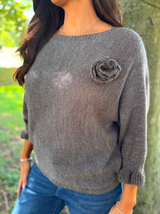 Charcoal Applique Ruffle Sleeve Knit Crystal