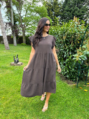 Chocolate Frill Sleeve Bubble Cotton Dress Mae