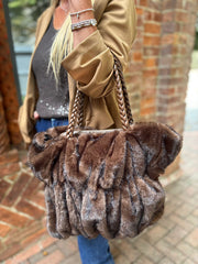 Chocolate Faux Fur Ruched Tote Bag