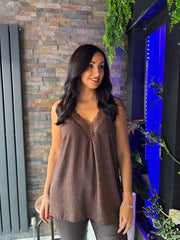 Chocolate Lace Trim Diamante Vest Amber