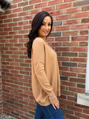Camel Diamante V Neck Knit Tori