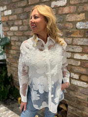 White Sheer Applique Floral Blouse Harriet