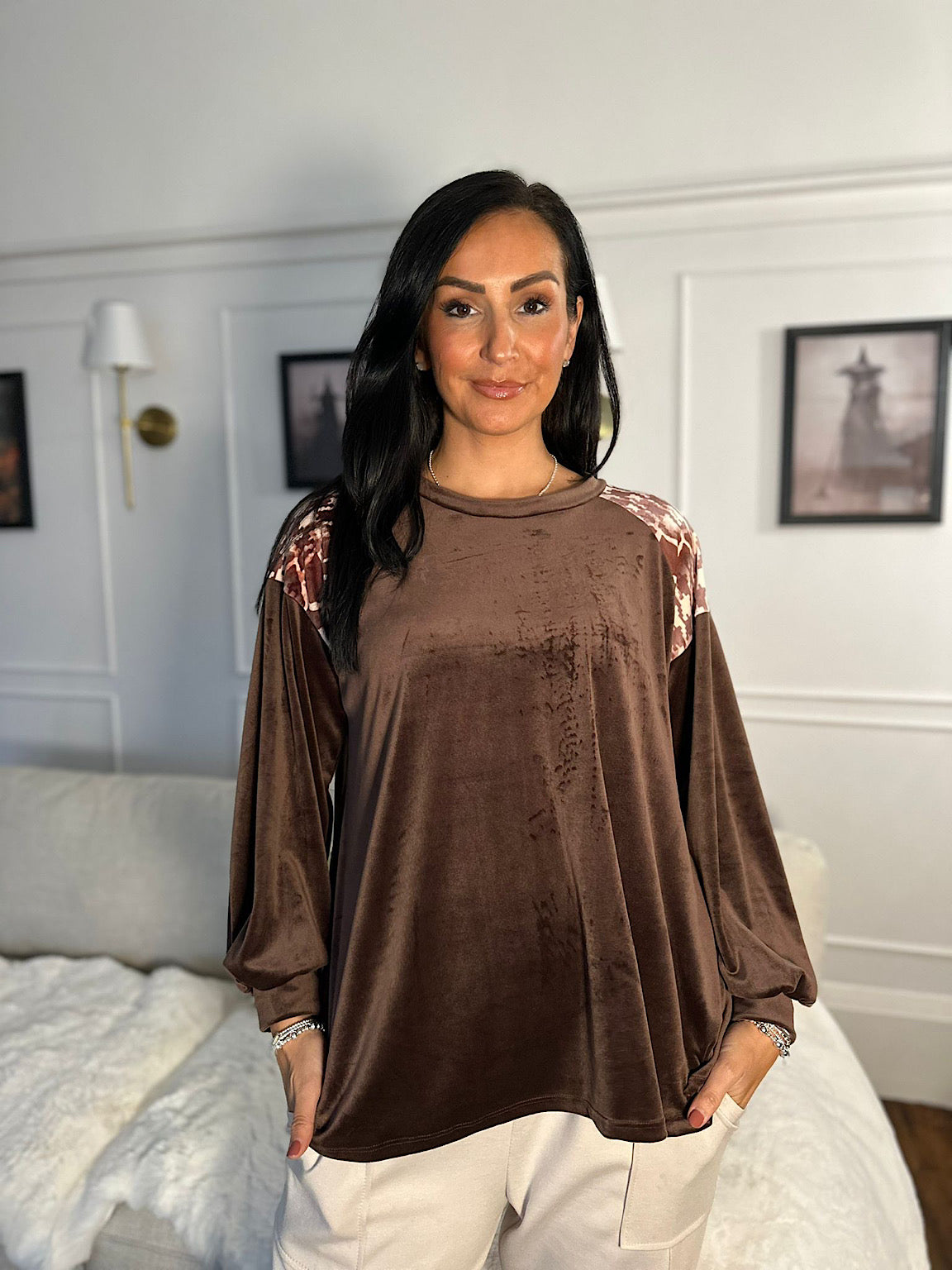 Chocolate Shoulder Print Velour Sweatshirt Ginny