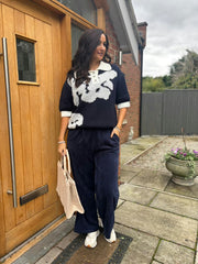Navy Luxury Collared Floral Knit Eve