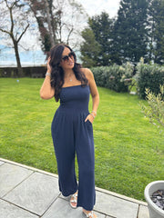 Navy Bubble Cotton Bandeau Jumpsuit