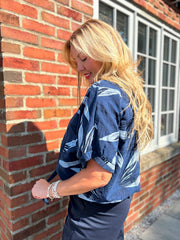 Navy Sketched Leaf Tie Front Blouse Brielle