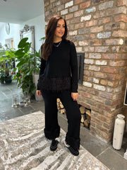 Black Premium Faux Feather Trouser Set Teya