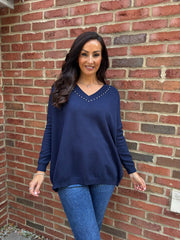 Navy Diamante V Neck Knit Tori