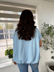 Blue Gathered Hem V Neck Top Willa