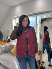 Wine Leopard Trim Waistcoat Rhea