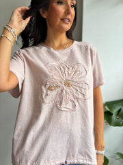 Pink Textured Sequin Flower Tee Fiona