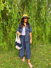 Navy Bubble Cotton Paisley Short Sleeve Shirt Jackie