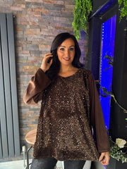 Chocolate Velour Sequin Panel Top Raven