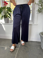 Navy Pull On Wide Leg Velour Trousers