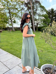 Khaki Frill Sleeve Bubble Cotton Dress Mae