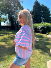 Denim & Pink Puff Sleeve Striped Top Erin