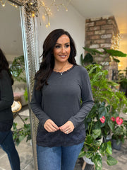 Charcoal Ribbed Lace Trim Top Madeline