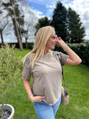 Mocha Net Sleeve Applique Tee Gemma