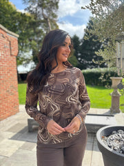 Chocolate Sheer Swirl Print Top Hope