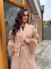 Camel Luxury Faux Fur Cuffed Coat Valentina