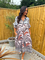 Mocha Tropical Leaf Shirt Dress Athena