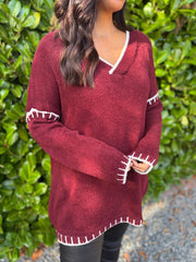 Wine Blanket Stitch V Neck Jumper Jenny