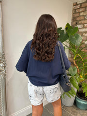 Navy Gathered Hem Bubble Cotton Top Ginny