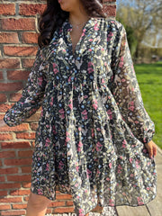 Black Spring Floral Tiered Dress Lilly