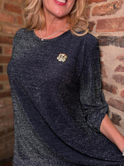Navy Button Sleeve Shimmer Top Stevie