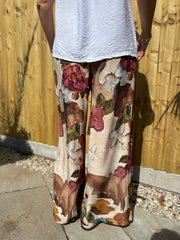 Mocha Floral Brushwork Print Trousers