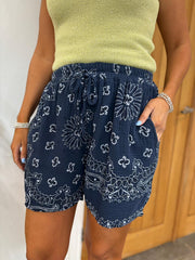 Navy Paisley Bubble Cotton Shorts