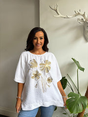 White Metaillic Flower Print Top Lila