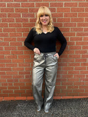 Pewter Wide Leg Seam Front Pleather Trousers