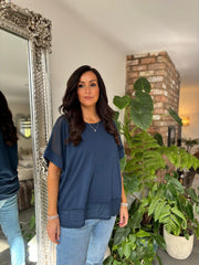 Navy Mesh Trim Short Sleeve Top Riley