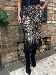 Leopard Satin Style Lace Trim Skirt