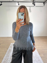 Grey Long Sleeve Fringed Knit Amara