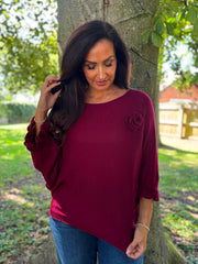 Wine Applique Ruffle Sleeve Knit Crystal
