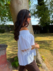White Bubble Cotton Lace Trim Top Adele