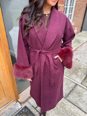 Wine Luxury Faux Fur Cuffed Coat Valentina