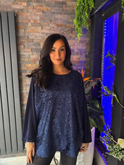 Navy Velour Sequin Panel Top Aurora